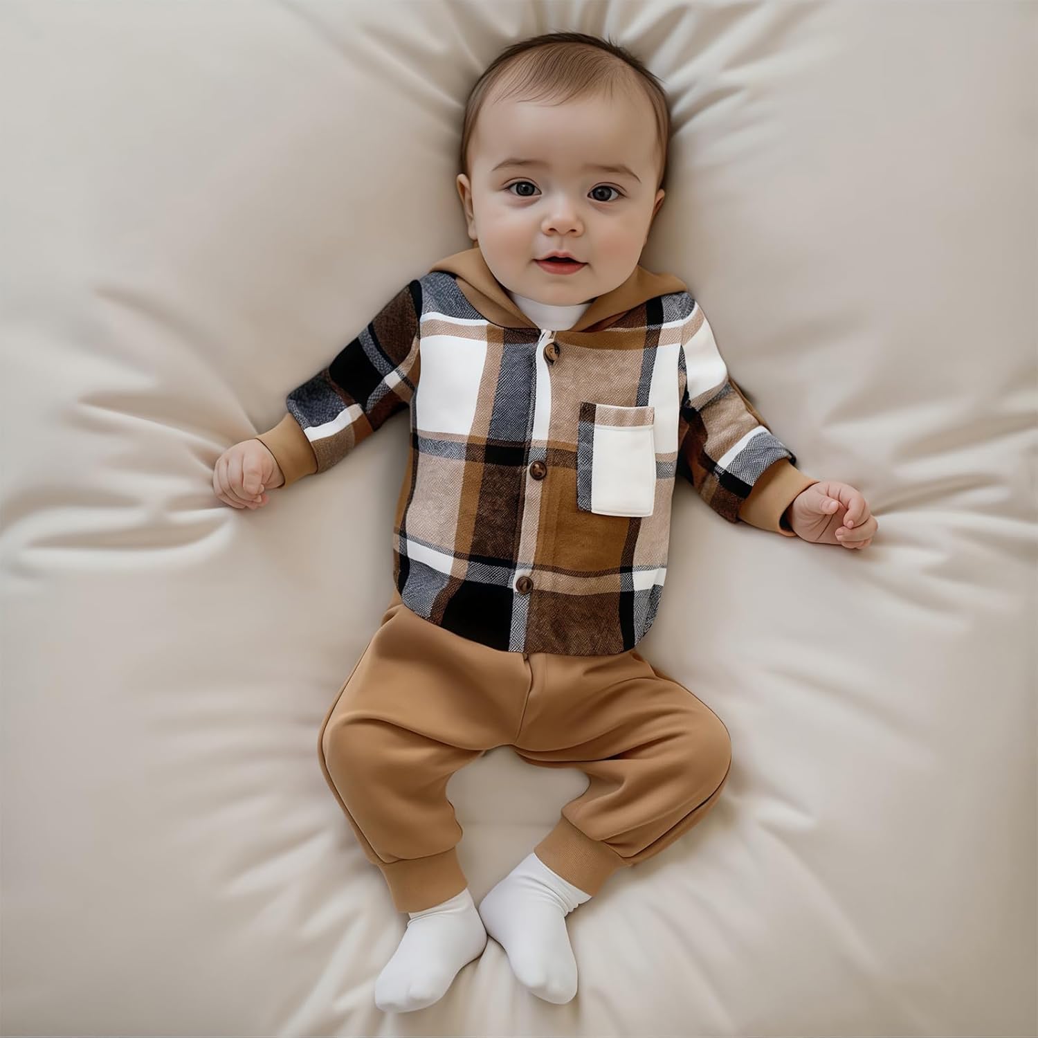 Douhoow Infant Baby Fall Clothes Boy Girl Plaid Hoodie Sweatshirt Romper Flannel Tops+ Sweatpants Festival Outfits - Image 4