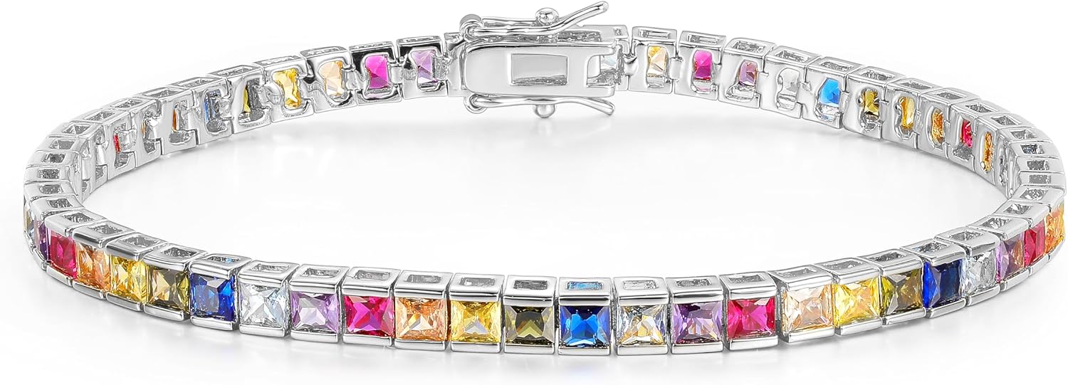 Gemsme 3 * 3mm Rainbow Square Tennis Bracelet, 3.0mm Thin 18K White/Yellow Gold Plated Square Colorful Cubic Zirconia Tennis Bracelet for Women