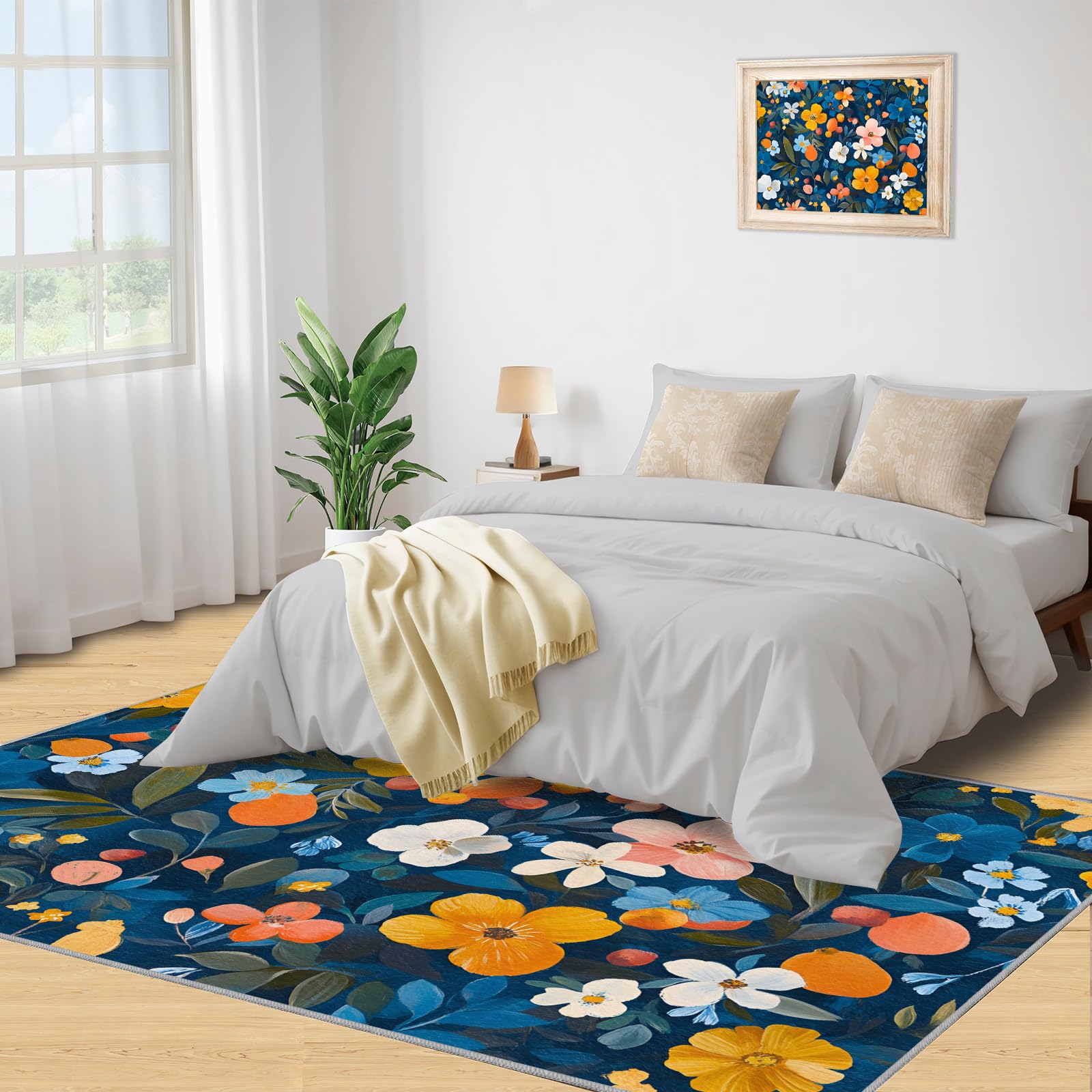 Tapis à motif floral pour décoration d'intérieur et cadeaux, 180 x 200 cm, tapis lavable pour chambre à coucher, tapis d'intérieur antidérapant et à poils bas, aquarelle rustique floral