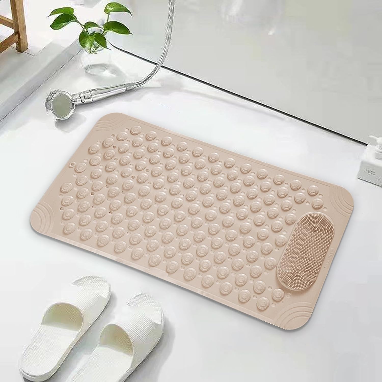 HAENJA Shower Mat Non Slip with Foot Scrubber Massage, Bathtub Mat ith Suction Cups and Drain Holes, Bathroom Floor Mat Anti Slip（36 * 70cm) (Khaki)