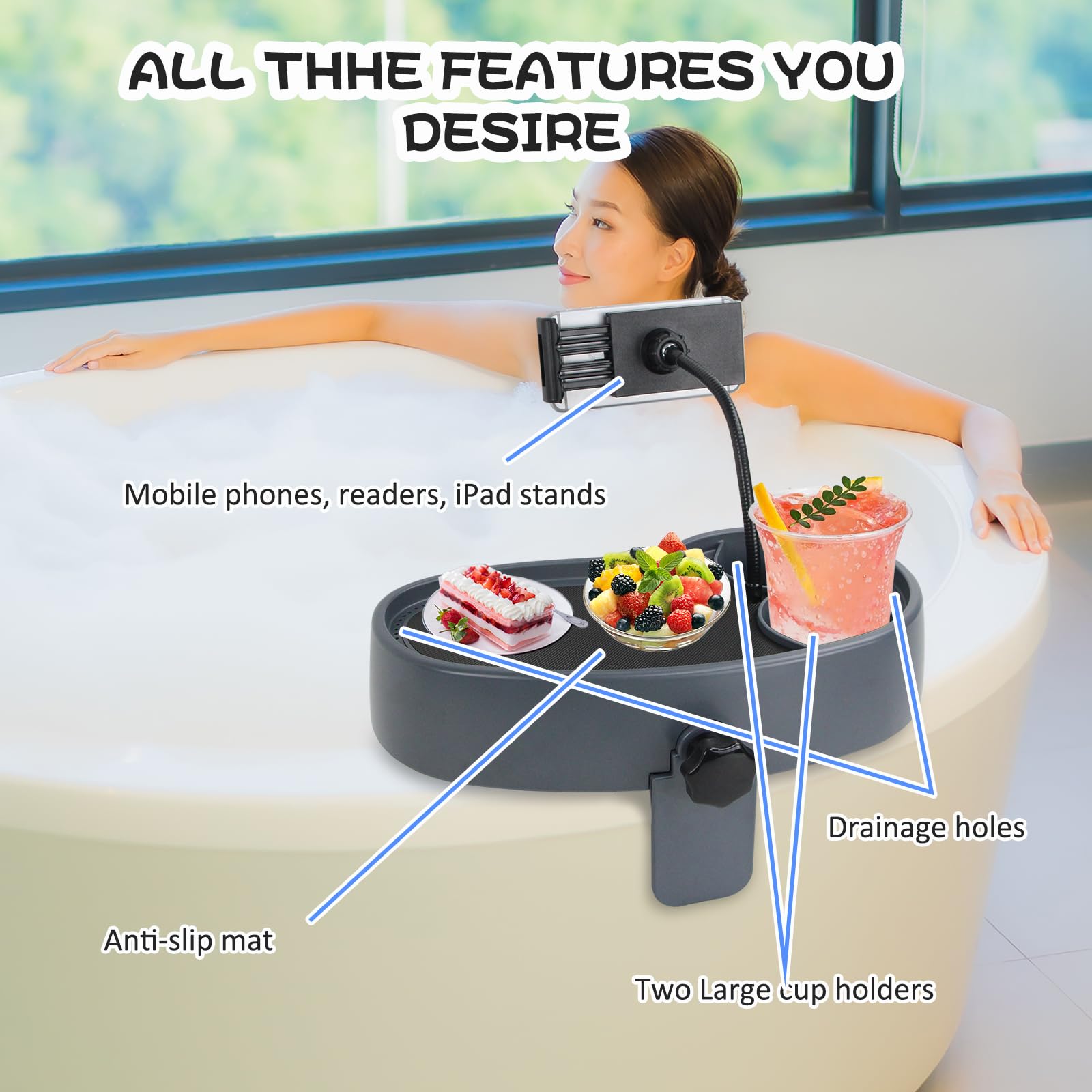 Tavolino regolabile 3 in 1 per vasca idromassaggio con supporto per telefono girevole a 360° e 2 portabicchieri, design antiscivolo e drenante, adatto per vasche idromassaggio/spa/piscina