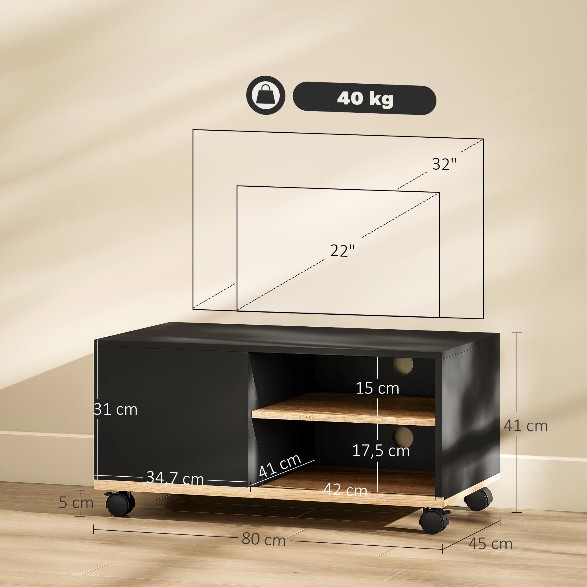 HOMCOM Meuble TV sur roulettes avec 2 Freins - 2 niches + Placard Porte 2 Passe-Fil - en Bois Noir chêne Clair