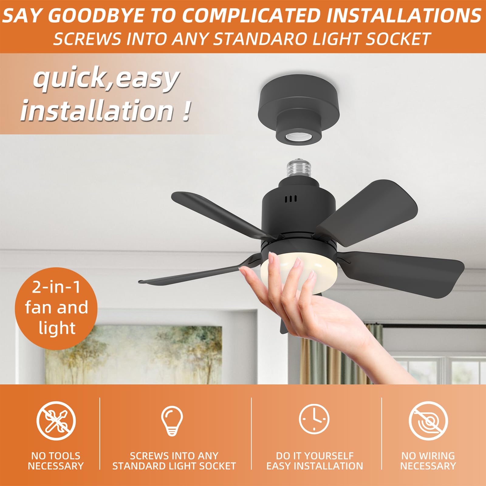 GEADI Ventilateur de Plafond avec Lumière LED Dimmable, Plafonnier à Visser pour Chambre avec Télécommande, 4 Vitesses et 3 Températures de Couleur Réglables, Douille E27, 45 cm Noir