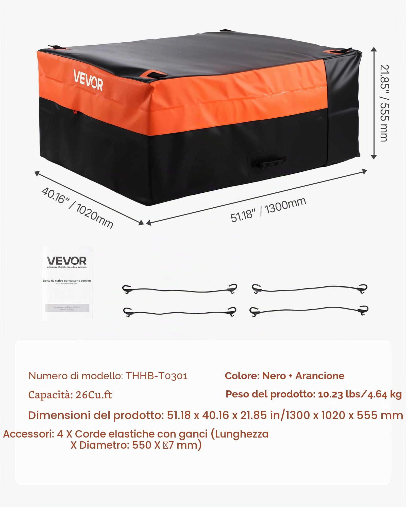 VEVOR Borsa da Carico per Cassone di Camion 1300 x 1020 x 555 mm Borsa da Carico Resistente per Cassone di Camion con 4 Corde Elastiche con Ganci, Adatta a Una Varietà di SUV e Pick-up