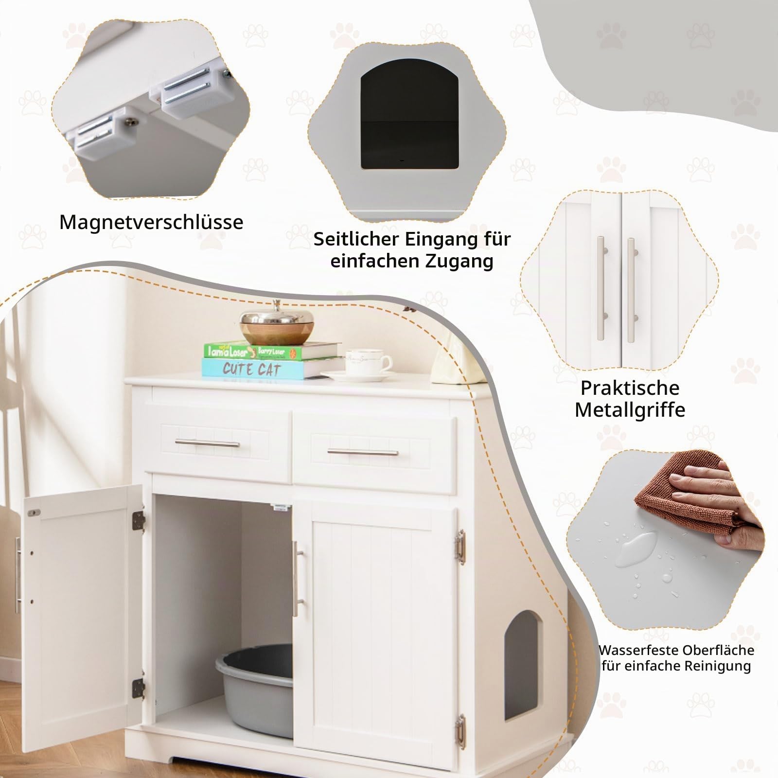 SOARS Katzenschrank, Katzenklo Schrank 3 in 1 mit 2 Türen und 2 Schubladen, Anti-Kipp-Vorrichtung & Seiteneingang, Katzenhaus Katzenhöhle Katzenkommode für Innenbereich, 80 x 45 x 80 cm
