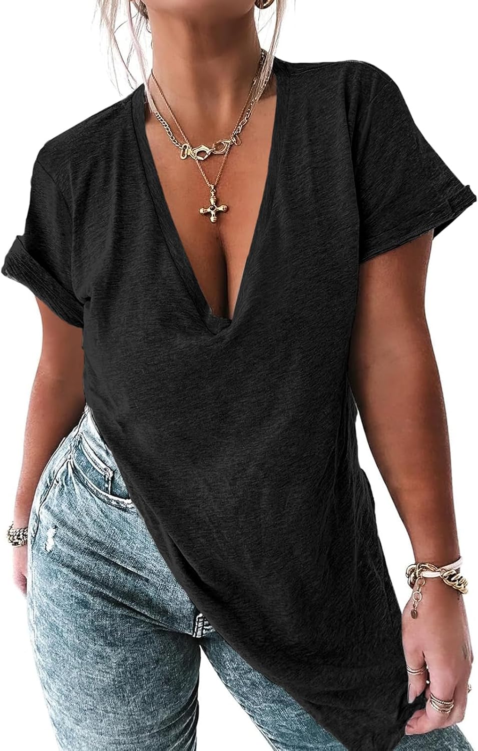 Womens Deep V Neck Tops Summer Short Sleeve Oversized T Shirt Side Slit High Low Tunic Tops - Image 2