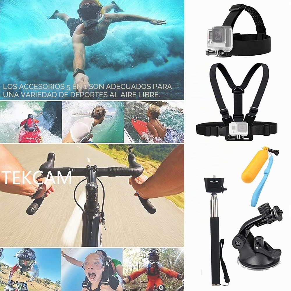 TEKCAM Kit de Accesorios para Cámara de Acción Compatible con Gopro Hero 13 12 11 10 9/dji OSMO Action 4 5 Pro/COOAU, Correa para el Pecho de la Cabeza, Selfie Stick, Mango Flotante, Ventosa Soporte