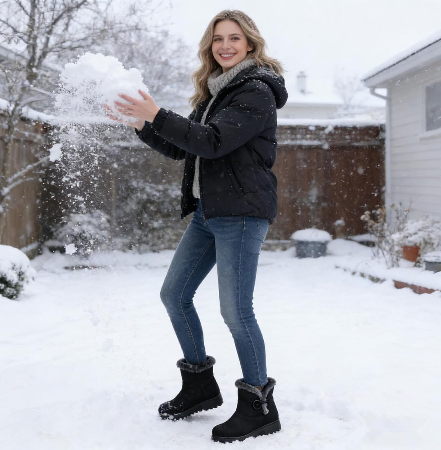 DADAWEN Women's Winter Warm Fur Lined Snow Boots Side Zipper Ankle Boots Outdoor Booties Comfortable Boots for Women