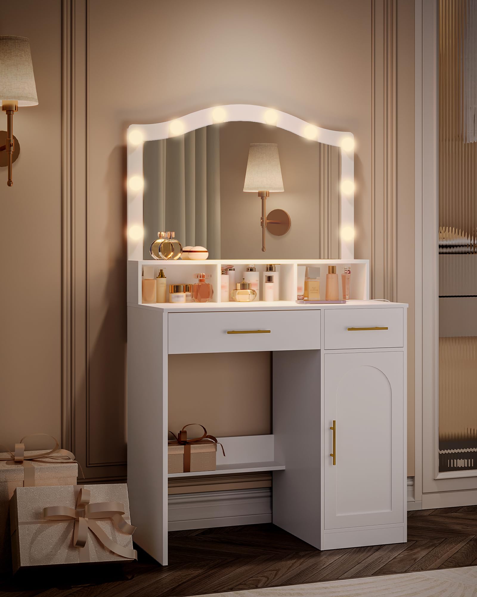 Hzuaneri Vanity, DużE Lustro Hd, 3-Kolorowe Regulowane śWiatłA Led, Ze Stacją łAdująCą, 2 Gniazdami Ac I 2 Portami Usb, 2 Szufladami I 1 Szafką Do Przechowywania, BiałO-ZłOta DT361HDT