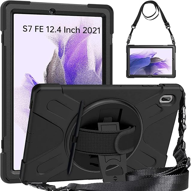 Gerutek Samsung Galaxy Tab S7 fe Case | Samsung Tab S7 fe Case 12.4",Heavy Duty Shockproof Protective Case with 360 Rotating Kickstand & Hand/Shoulder Strap Case Cover For Galaxy Tab S7 fe, Black