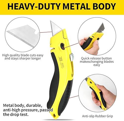 Miniatura 3 de BOSI TOOLS Cuchillo utilitario resistente, cortador de caja retráctil SK5, hoja de acero inoxidable, diseño de almacenamiento de hoja de cambio, 3