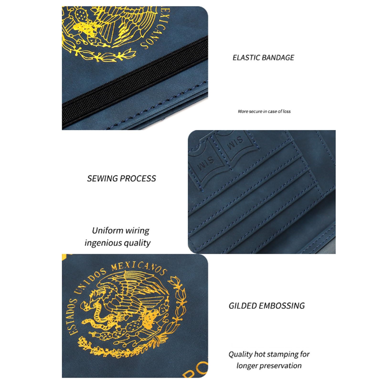 Porta passaporto messicano con fascia elastica multi-card slot anti-magnetico libro biglietto sottile portafoglio da viaggio design compatto, nero, One Size, Stile unico