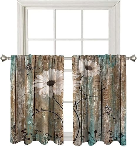 Miniatura 21 de Cortinas cortas de 24 pulgadas de largo, cortina de oscurecimiento de habitación para cocina, baño, dormitorio, estilo rústico, girasol, tela con