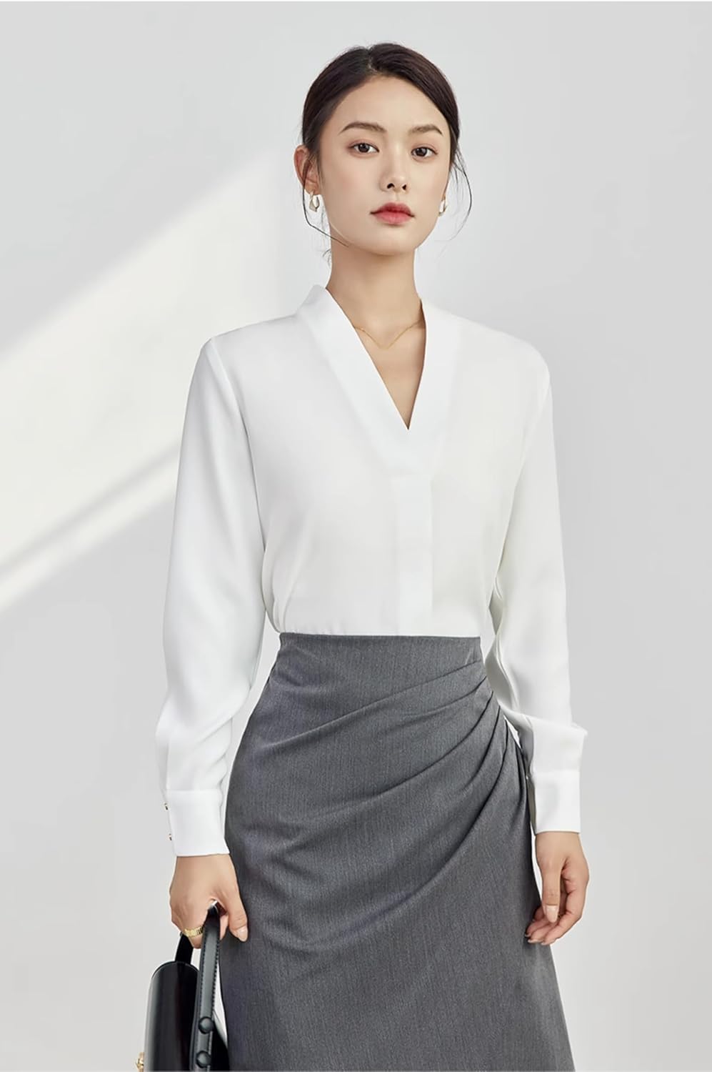 MAFSMJP Womens Long Sleeved Shirt Satin White V-Neck Commute Professional Blouse for Women