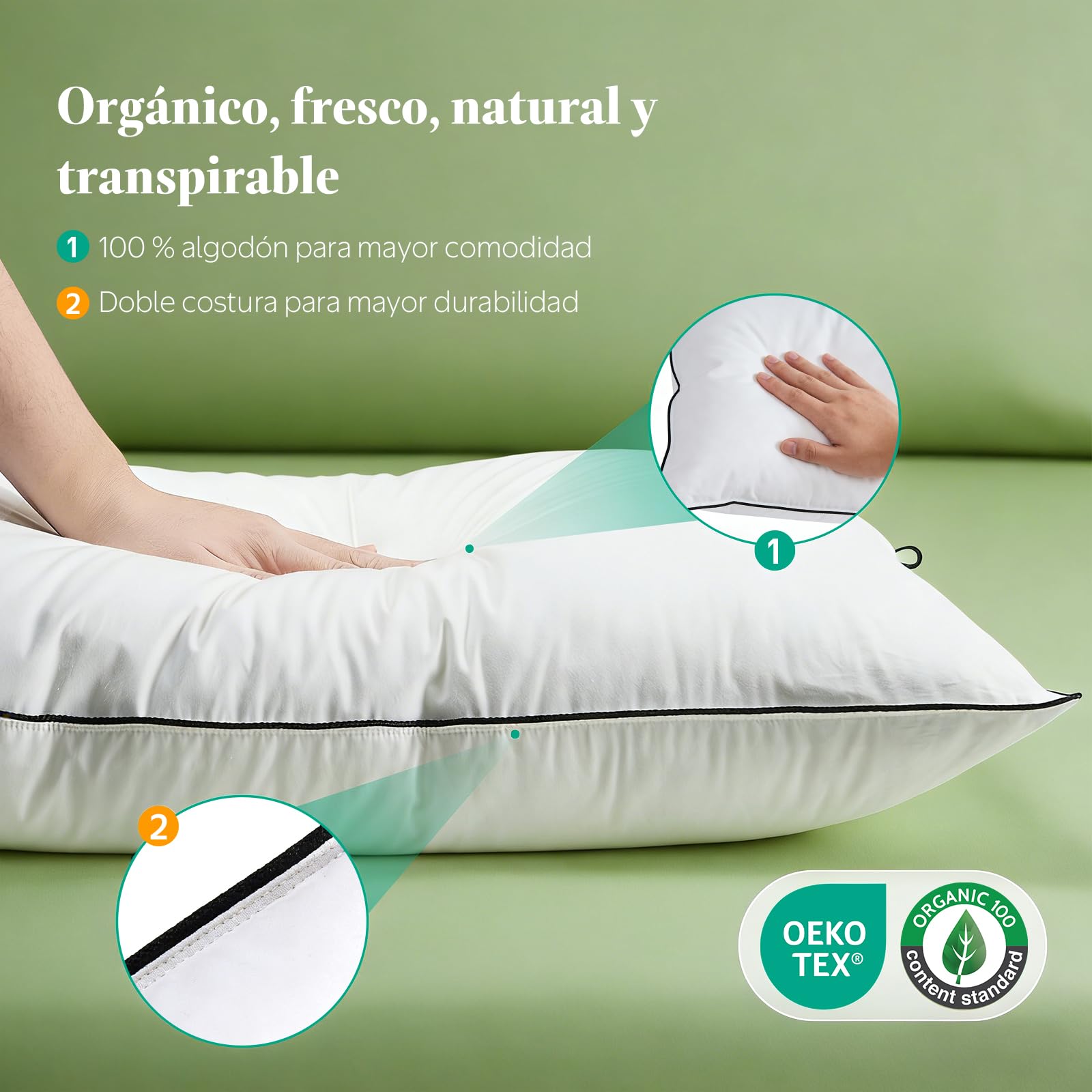 APSMILE - Almohada Plumas de Ganso 50x75 | Exterior: 90% Blanco Plumón | Interior: Mezcla de Plumas | Funda de Pillows: 100% Algodón Orgánico | Máximo Confort y Suaves| Pack de 2 Unidades