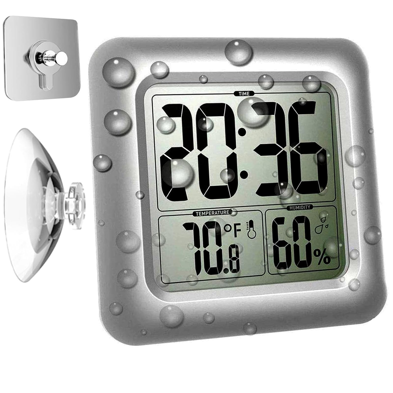 Large Waterproof Bathroom Shower Wall Clock, Big Digital Water Resistant Shatterproof Clock Thermometer Hygrometer for Bath, Temperature & Humidity Meter, Hanging & Table Standing & Mirror Suction Cup
