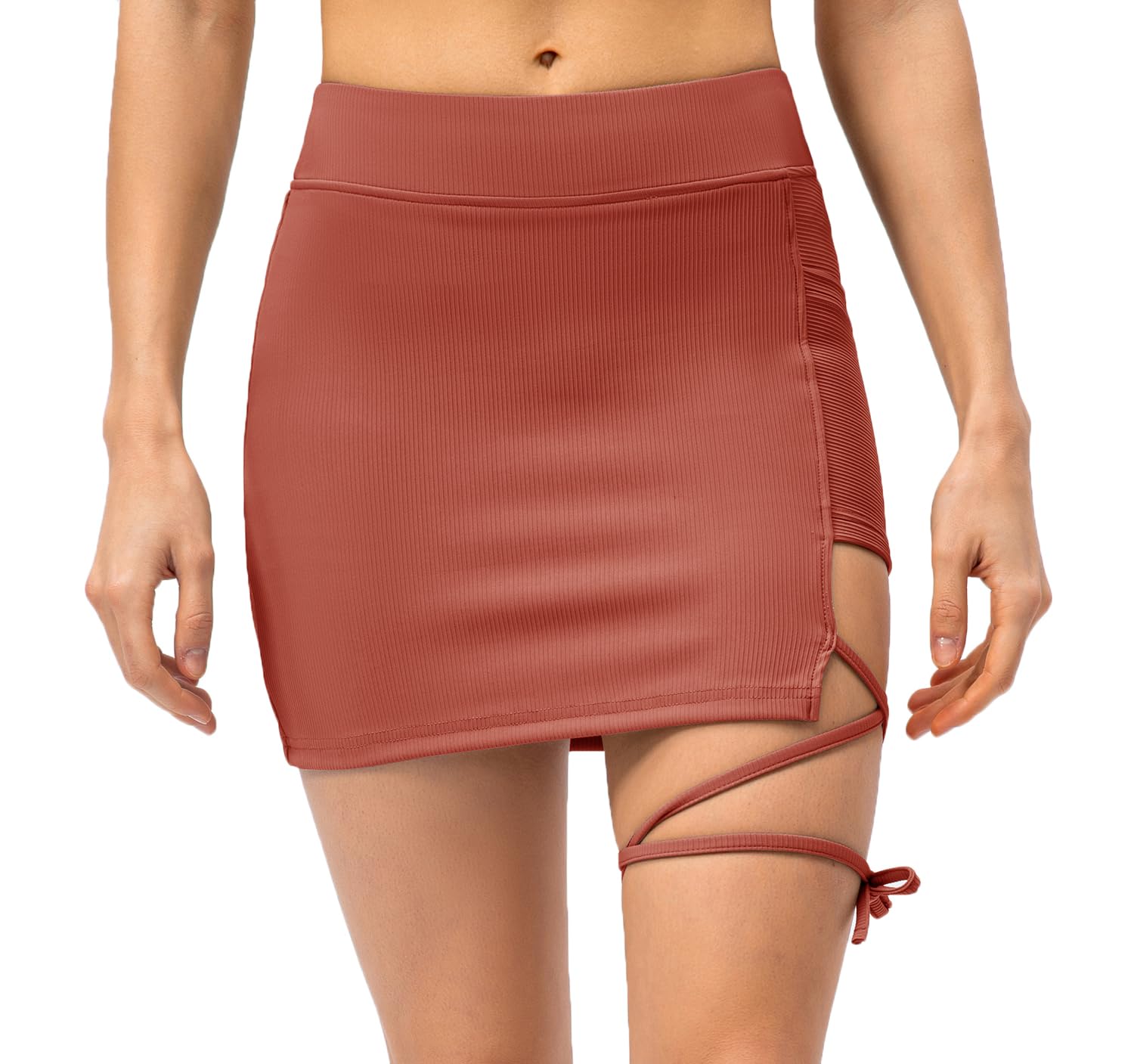 Amxiway Women's Mini Tennis Skirt with Shorts Golf Skort High Waisted Slit Bodycon Athletic Workout Skorts(Reddish Brown,M)