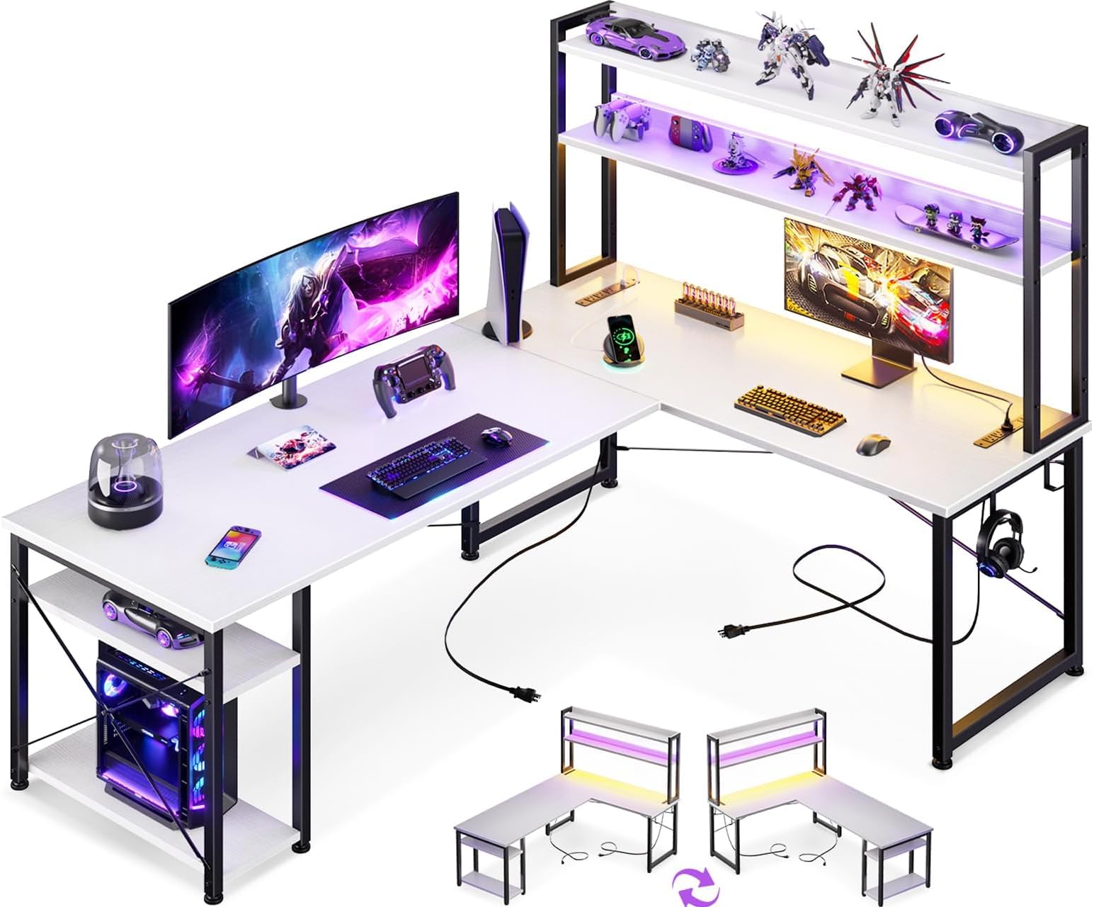 AODK L Shaped Gaming Desk with Hutch & 2 Power Outlets & 2 LED Strips & Monitor Stand, 66" Reversible Computer Desk with Storage Shelves, Corner Desk for Home Office, White