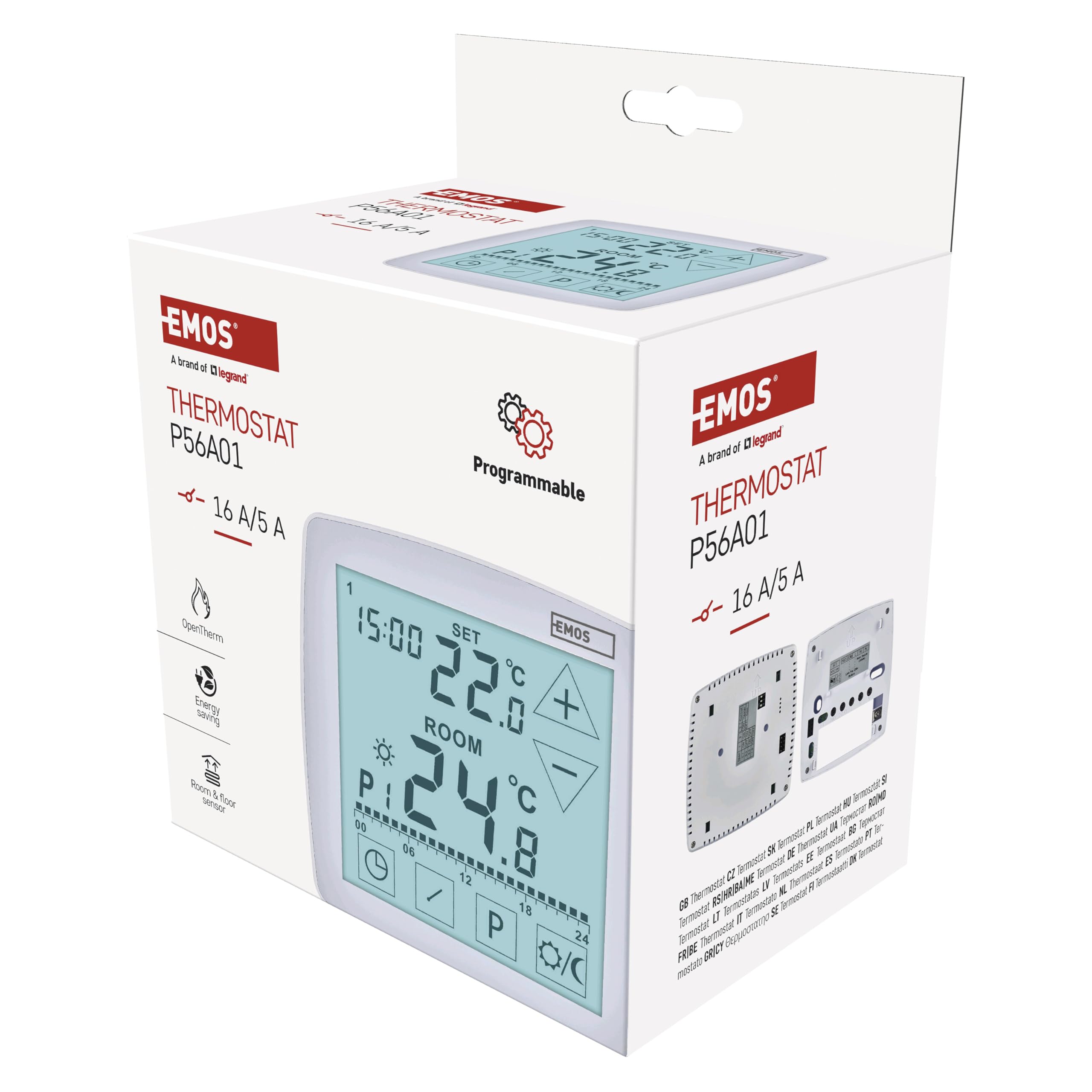 EMOS - Termostato digital con OpenTherm - programable, cableado, 230 V - Sistemas de calefacción/refrigeración con sensor de suelo - Control de temperatura 7-30 °C - Montaje en superficie - Protección