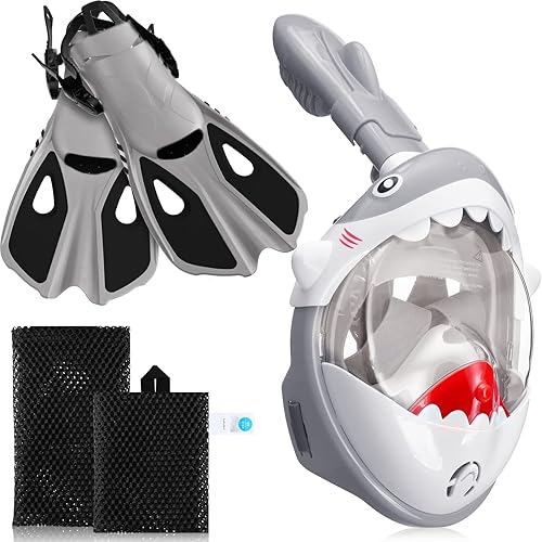 Miniatura 1 de 2 máscaras de esnórquel de cara completa para niños con aletas de natación ajustables, vista panorámica de 180 grados, máscara de esnórquel de