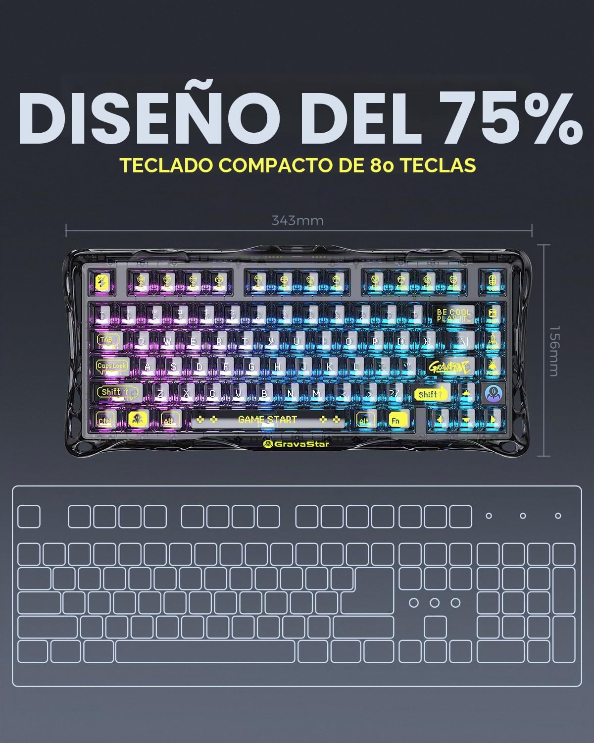 GravaStar Mercury K1 Lite QWERTZ Teclado mecánico (disposición DE), 75% teclado para gaming, inalámbrico, trimodo (2,4 GHz/Bluetooth/cable), teclado para gamer intercambiable en caliente, iluminación