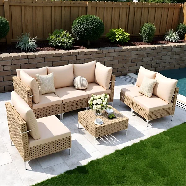 Ophelian 7 Piece Patio Furniture Set, Outdoor Wicker Sectional Sofa, Weave Rattan Couch with Coffee Table & Thick Cushion(Beige), Perfect for Lawn, Deck, Garden, Backyard