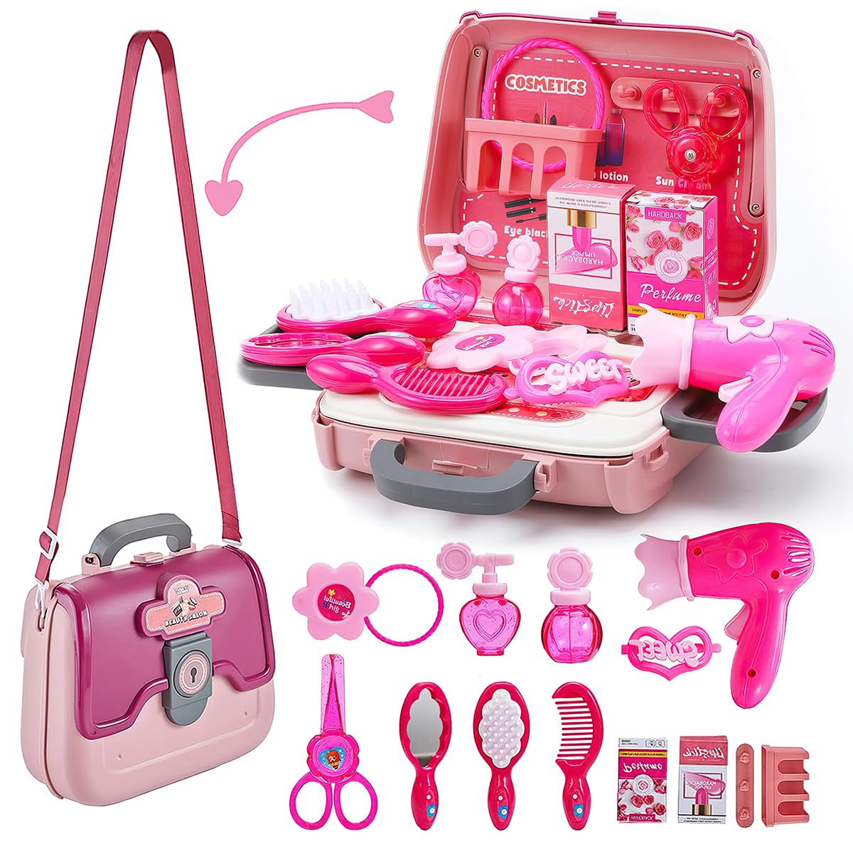 Koolbitz 24PCs Makeup Toy Set for Kids with Fashion Handbag – Beauty Kit Playset with Hairdryer, Comb, Hair Styling Tools, Cosmetic Bag Case Educational Pretend Role Play Game Accessories Toy