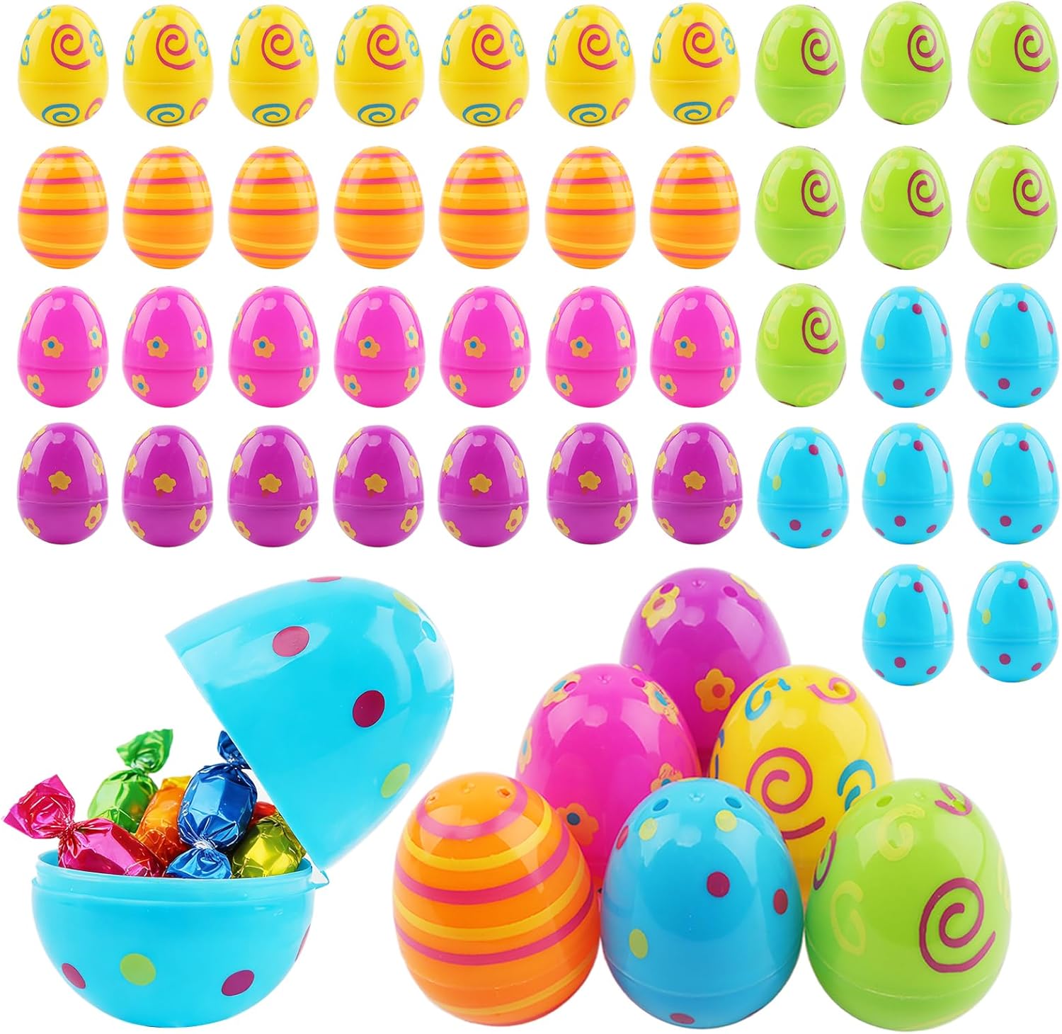 48PCS Plastic Printed Easter Eggs, Fillable Easter Eggs - 6 Patterns, 2.17" Tall, Perfect for Egg Hunt, Surprise Eggs, Holiday Decorations & Party Favors