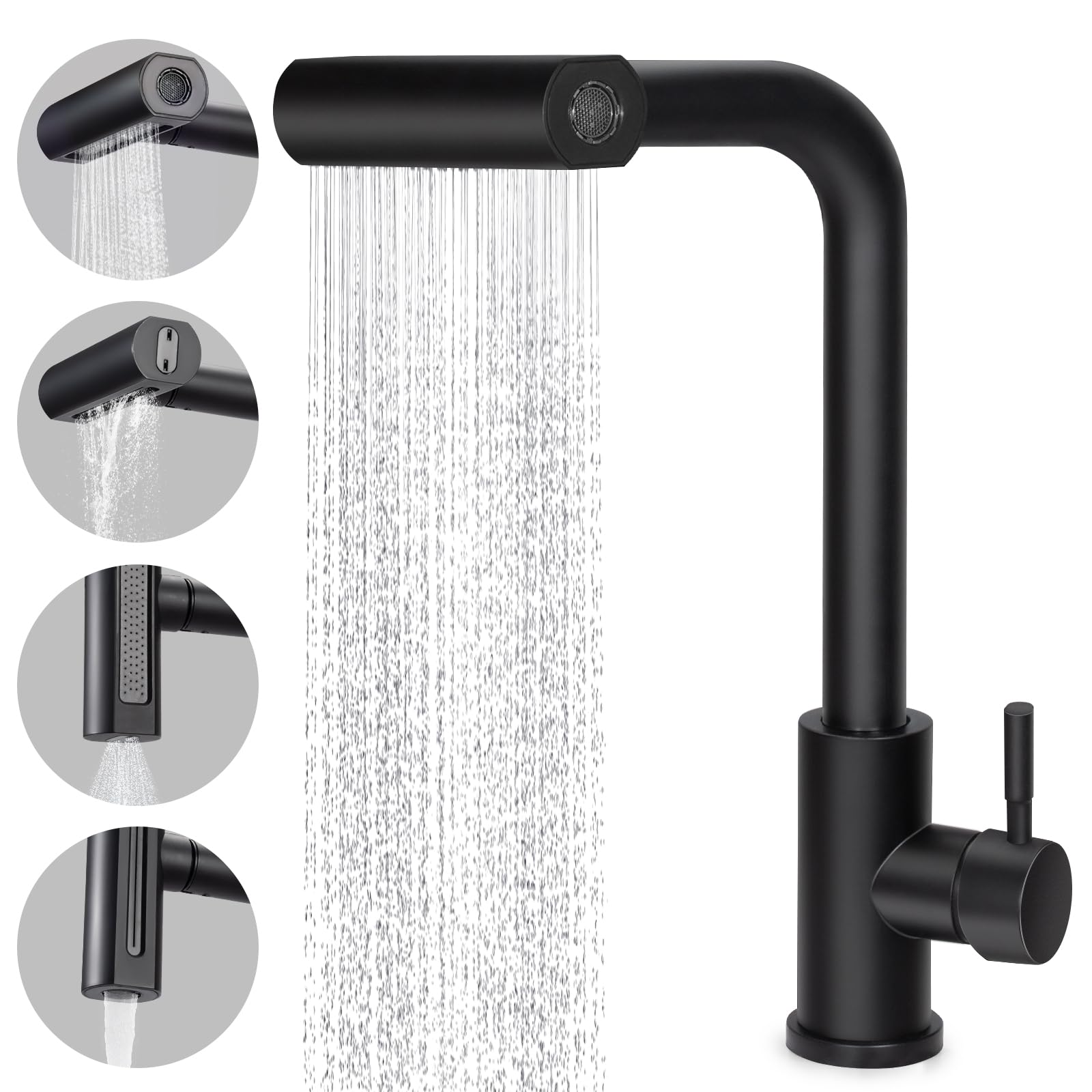 Robinet cascade de cuisine extensible Mitigeur Cuisine Rotatif à 360° Robinet de Cuisine avec Pulvérisateur Extractible,4 Modes de Jet,Froid & Chaud Disponible (Noir)