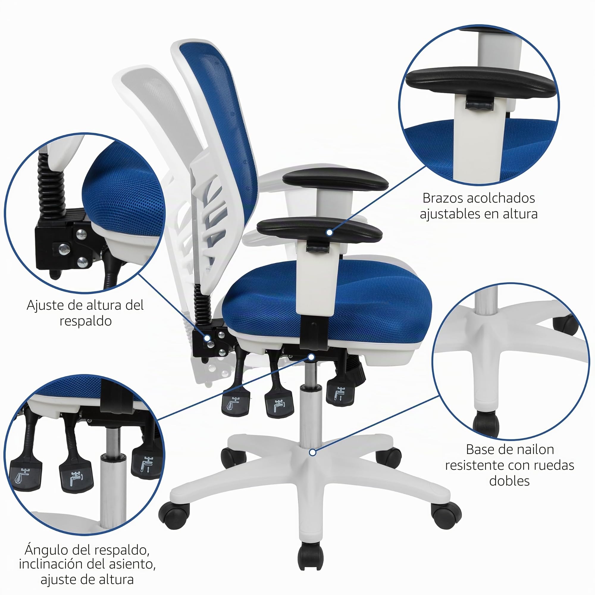 Flash Furniture Nicholas - Silla de Oficina ergonómica giratoria multifunción de Malla Azul con Brazos Ajustables y Marco Blanco
