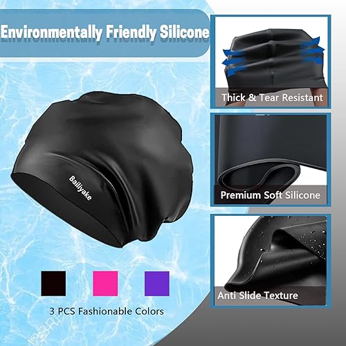 Miniatura 3 de Paquete de 3 gorros de natación extra grandes para trenzas y rastas, gorro de natación de silicona impermeable para mujeres con cabello largo y