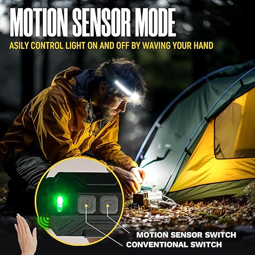 Miniatura 5 de EGUKU Linterna frontal reagreable, 1200 lúmenes, 2COB, brillante, 260, haz ancho, 9 modos de luz, sensor de movimiento, linterna roja con clips, 3.8