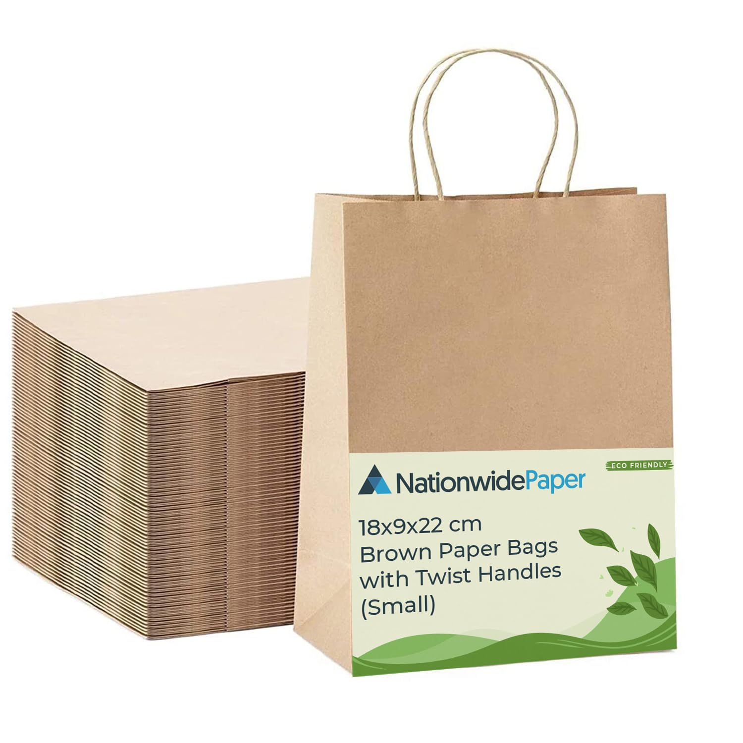 Nationwide Paper 100pcs Small Brown Paper Bags, Party Bags, Gift bag DIY and Sweet bags with Strong Twisted Handles (18x9x22cm) โ image 1