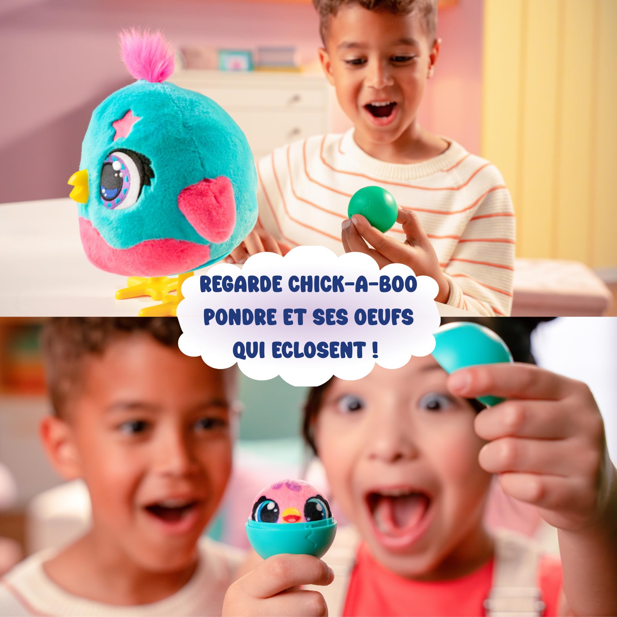 Chick-a-Boo - Peluche Electronique Interactive - Poule Qui Pond des œufs - Parle, Chante, Danse - Chatouille-la - Plus de 50 Sons et réactions - Jouet Fille et garçon - Dès 3 Ans