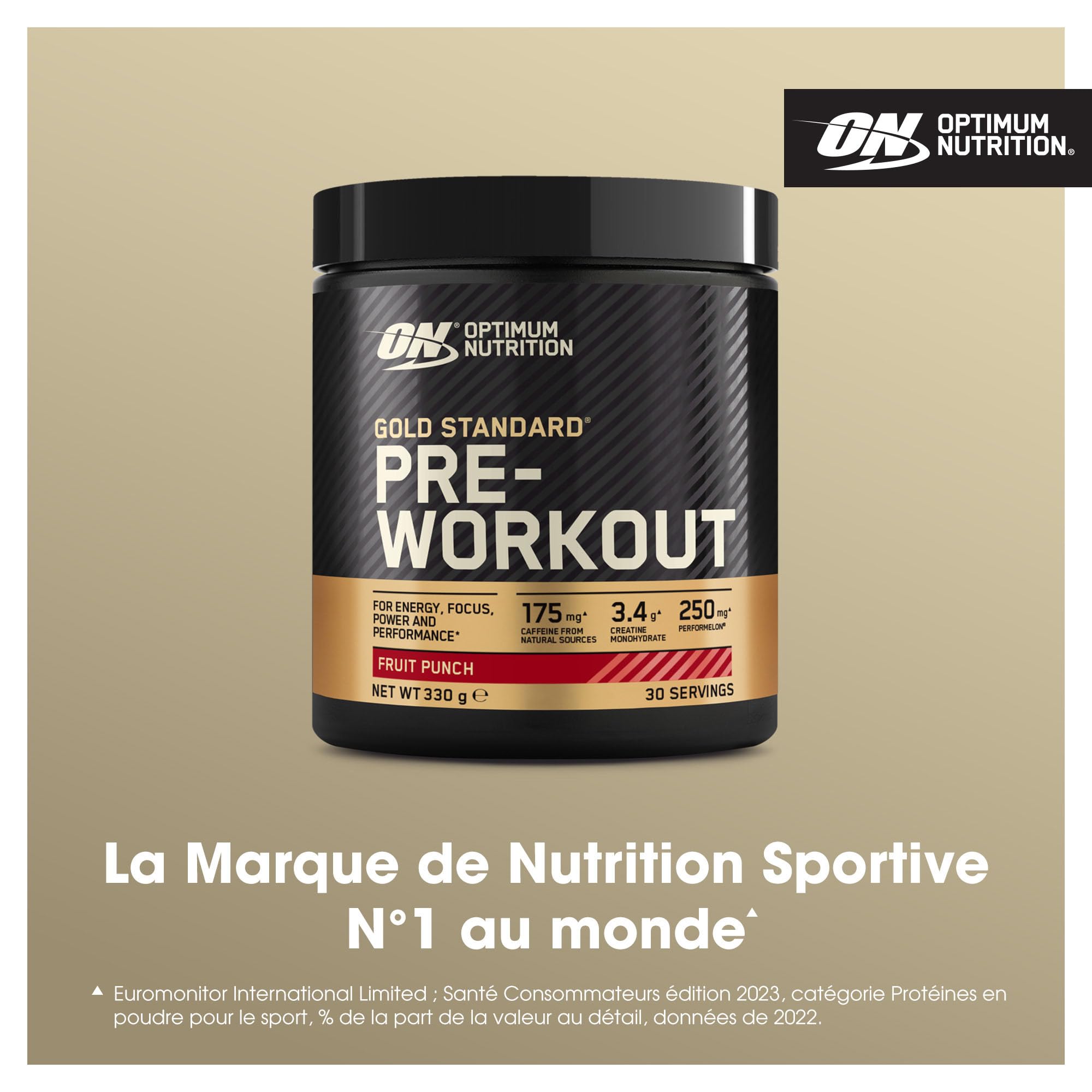 Optimum Nutrition Gold Standard Pre-Workout en Poudre, Boisson Énergétique Goût Fruit Punch, 330g, 30 Doses