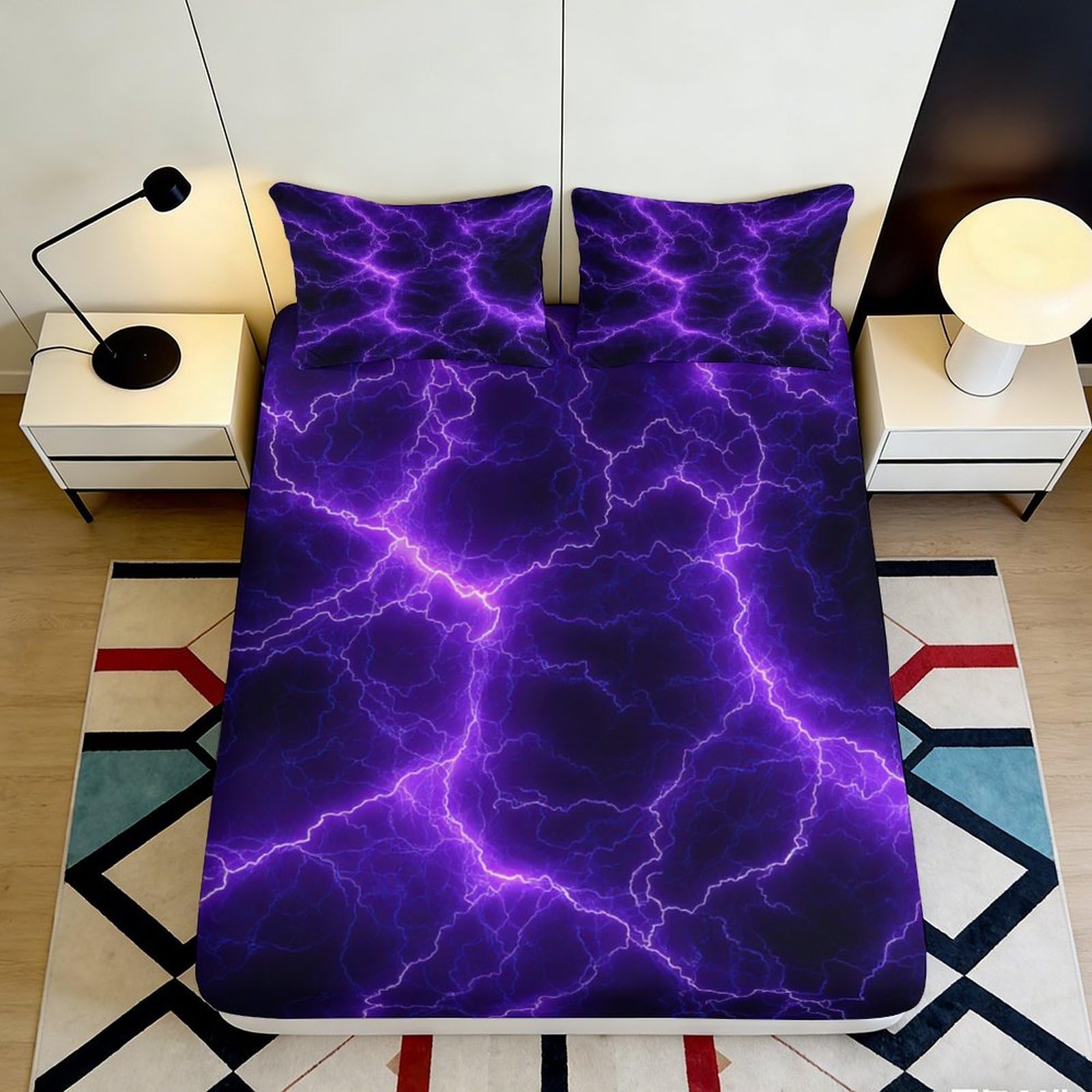 3D Printed Purple Lightning Fitted Sheet Microfiber Soft Breathable Electric Storm Bed Cover for Bedroom Dorm Dormitory Guest Room Protection 180x200x25cm