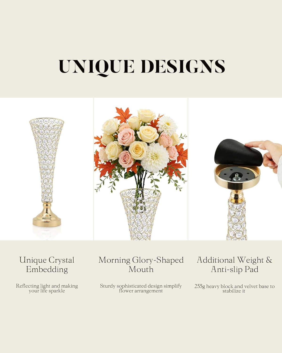 10 Pcs Gold Vases for Centerpieces, 20" Tall Crystal Trumpet Centerpieces for Tables Wedding Center Pieces Decoration for Table, Flower Vase Bulk for Wedding, Party & 255g Weighted Base