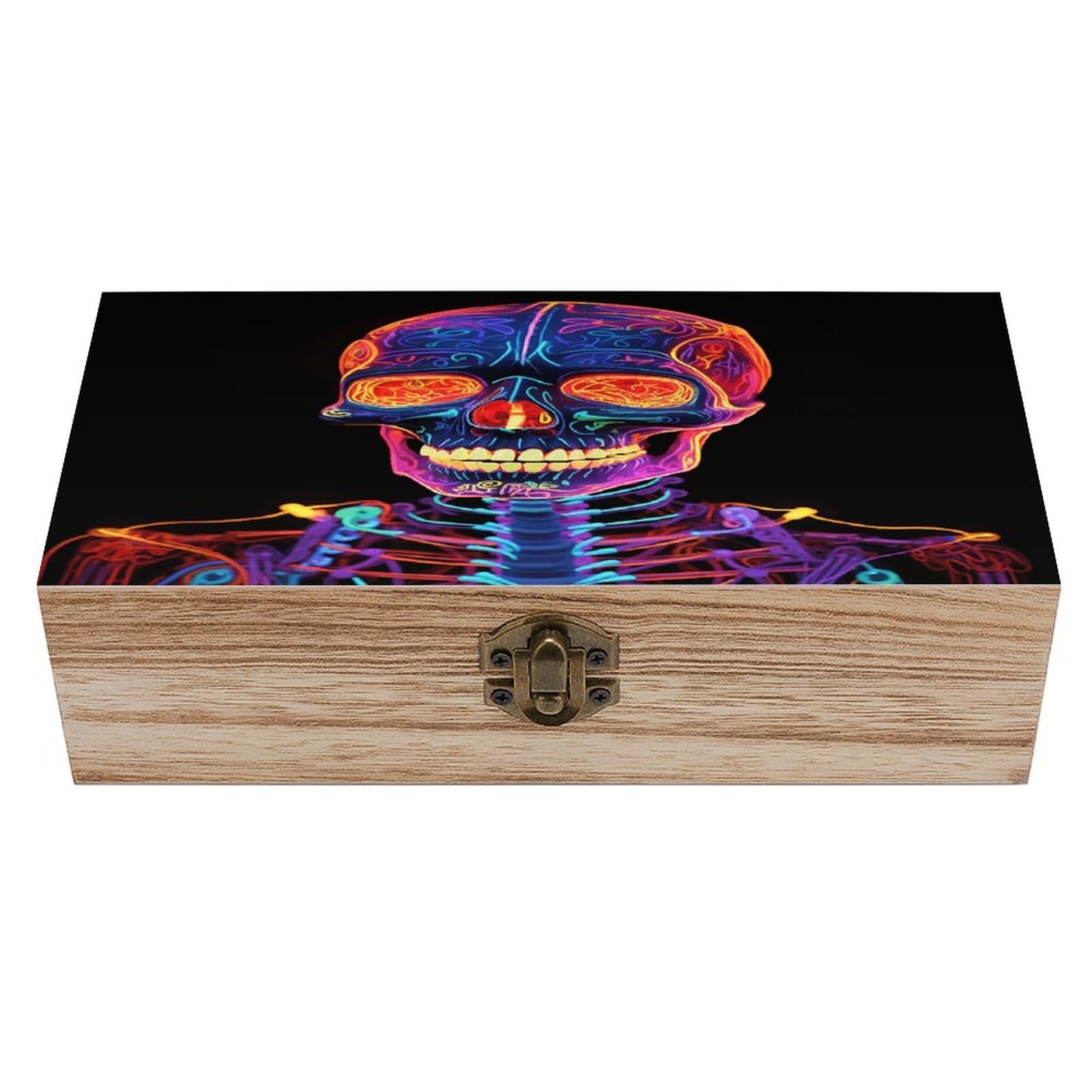 VstaDank Skull Glowing Wooden Keepsake Box with Hinged Lid Solid Wood Gift Boxes Beautifully Keepsake Box Jewellery Organiser Retro Memory Treasure Case with Lids Decorative Boxes