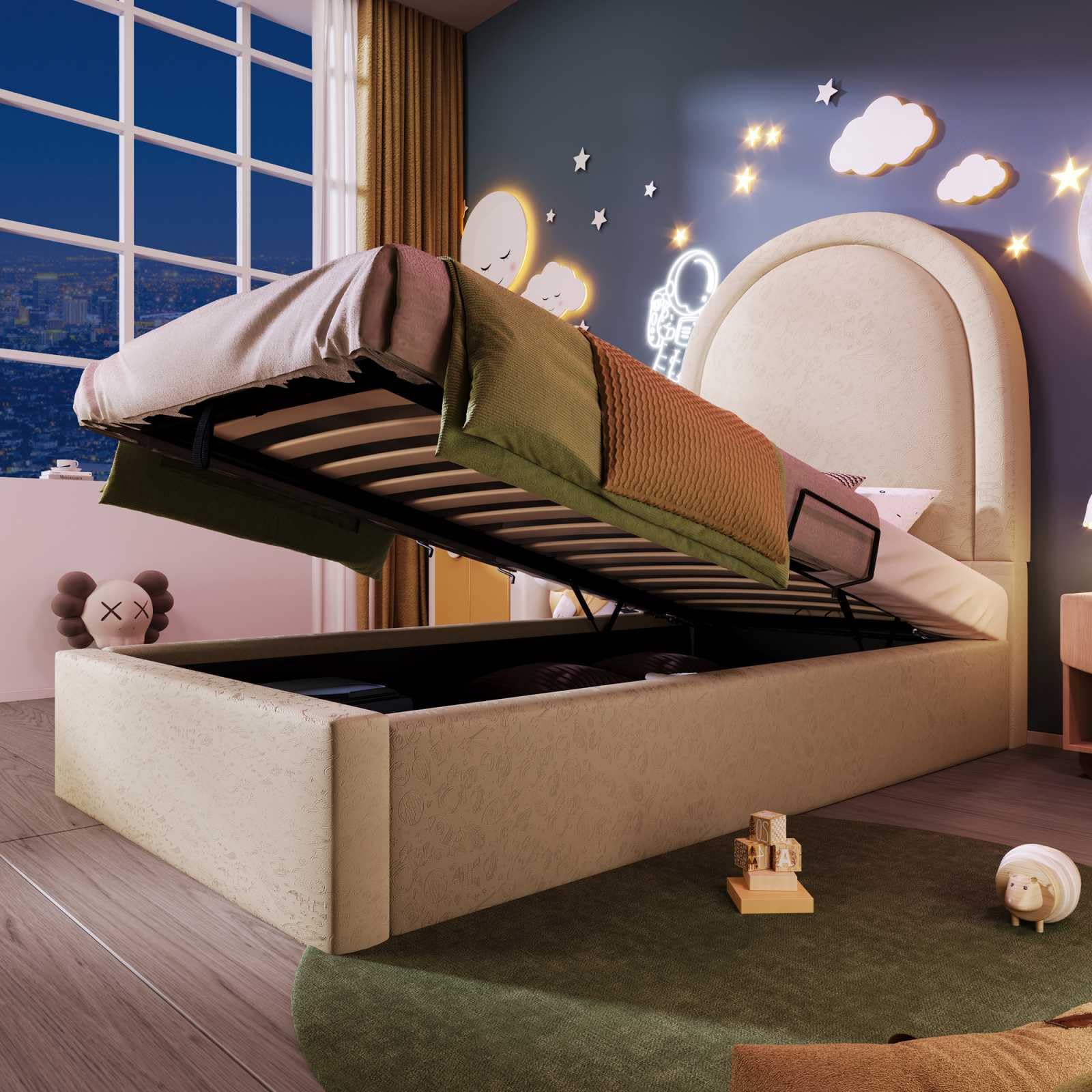 YEHTOKHOME Lit capitonné de Rangement hydraulique,Tête avec Arc en Demi-Cercle,PU rembourré Simple lit d'enfant avec sommier à Lattes(sans Matelas) (Beige, 90x190cm)