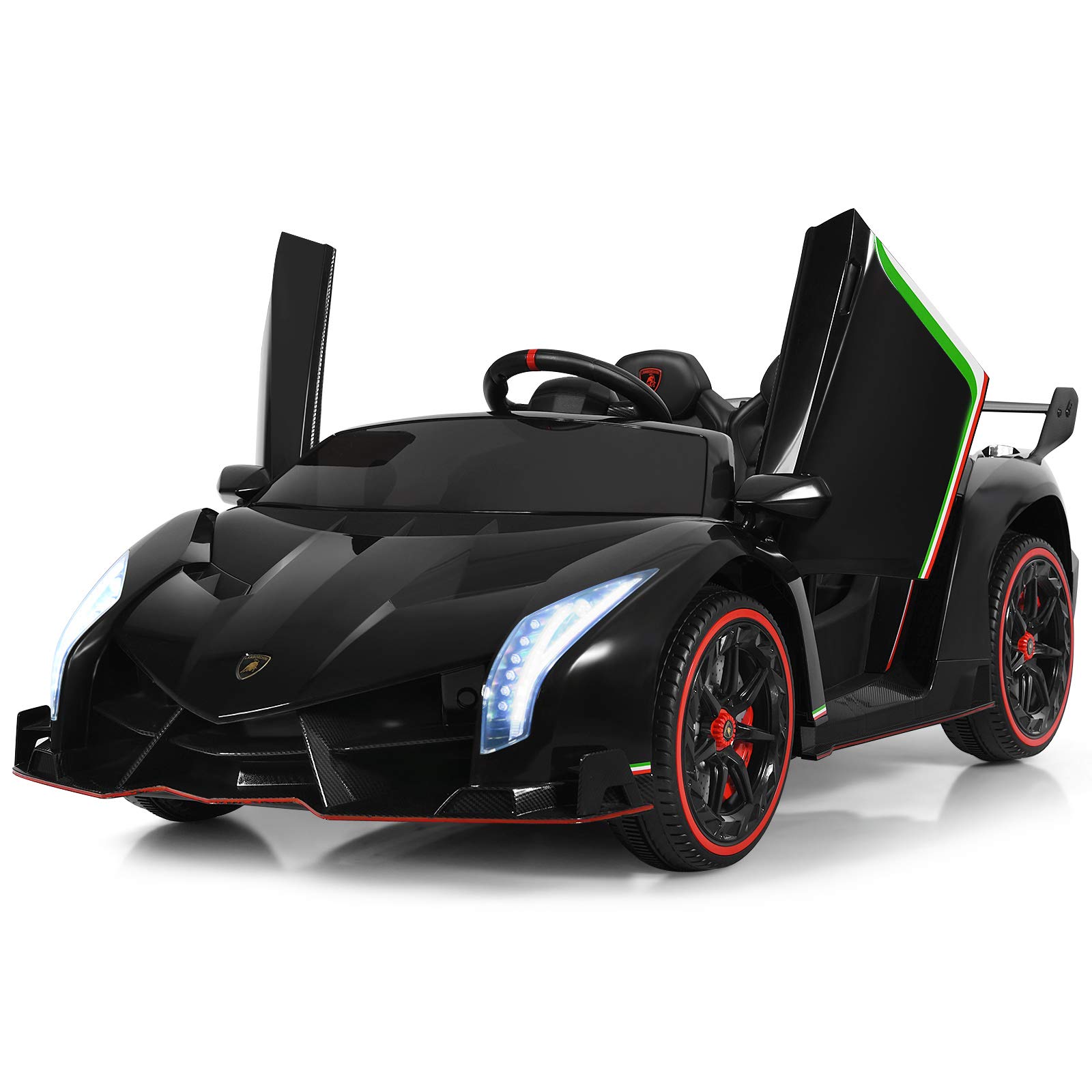 COSTWAY 12V Electric Ride on Car, 2-Seater Licensed Lamborghini Racing Cars with Remote Control, Swing Mode, LED Lights, Horn, USB/MP3/TF, 4 Suspension Wheels Vehicle for Kids (Black)