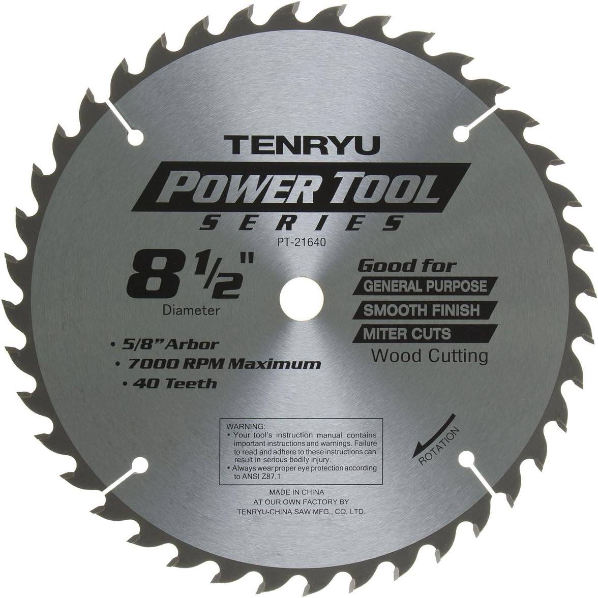 Tenryu PT-21640 8-1/2" Carbide Tipped Saw Blade (40 Tooth ATB Grind - 5/8" Arbor - 0.087 Kerf)