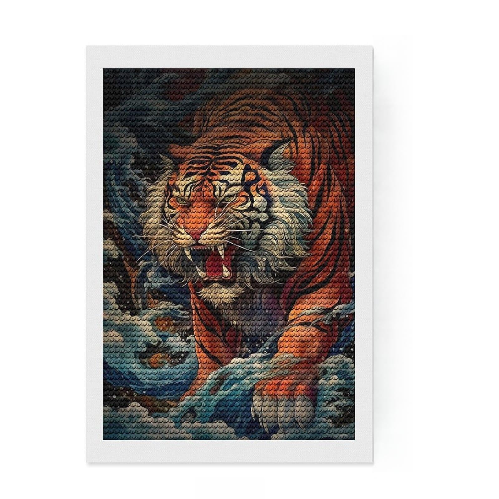 Junmoney The Great Tiger Wave Diamond Art Canvas 8"x12", Satisfying Creative Project, Sparkling Round Gems, Stress Relief Craft, Office Decor
