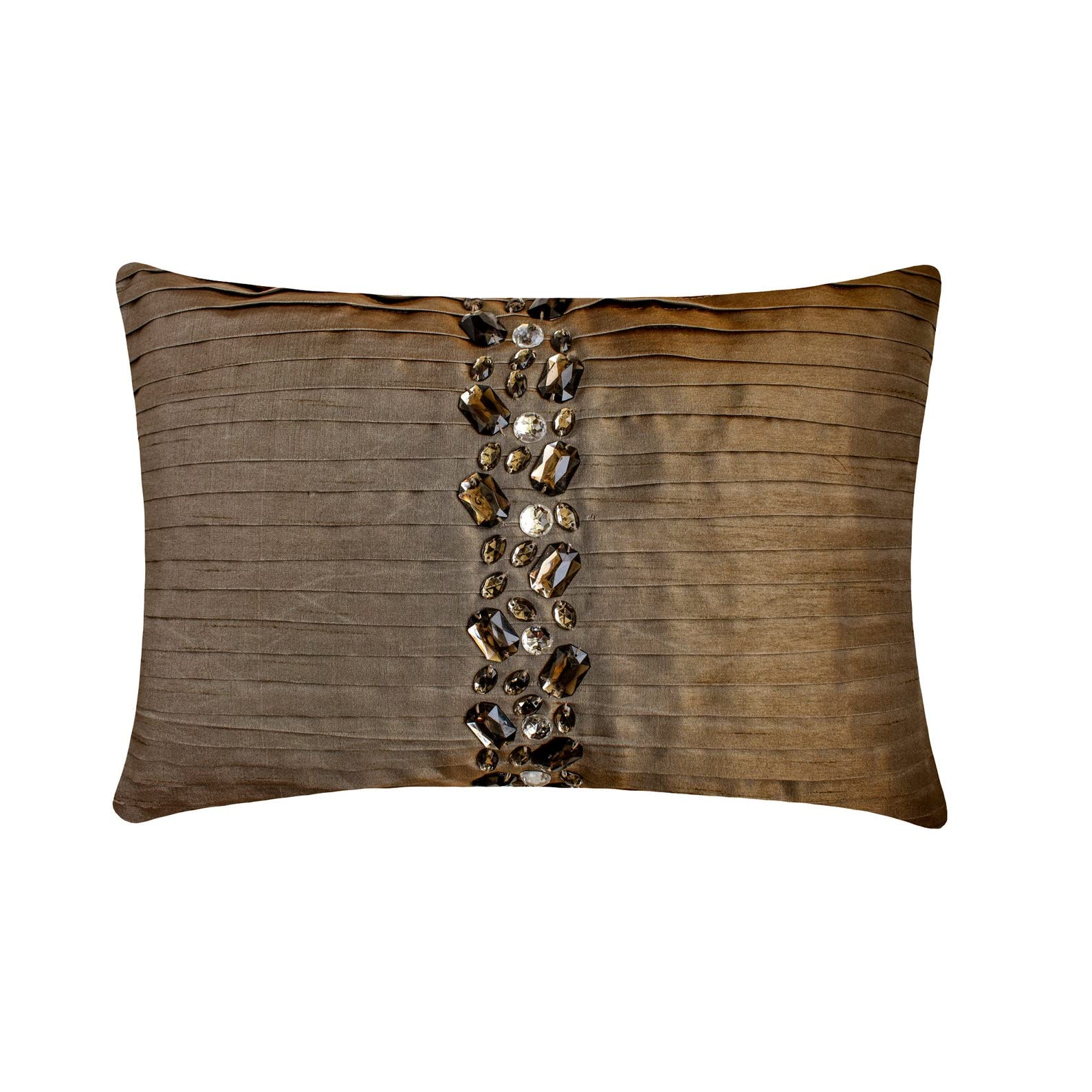 The HomeCentric Designer Light Brown Pack of 2, 30x40 cm (12"x16") Lumbar Cushion Covers, Silk Pintucks & Crystal Lumbar Cushion Covers, Striped Pattern Modern Style - Crystal Dreams Light