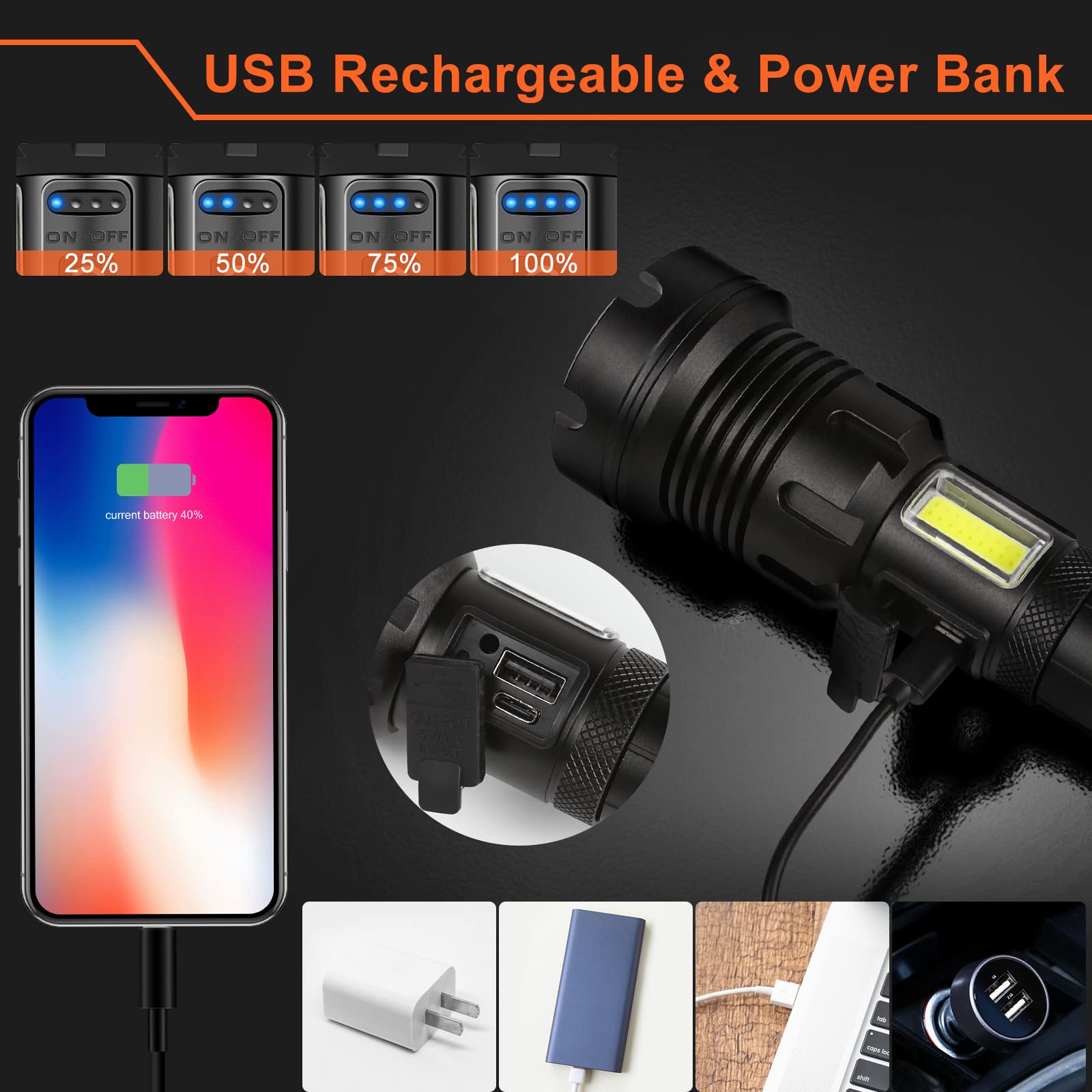 Torcia LED USB XHP90 Tattica 300000 Lumen - Nero, Alluminio, IP65