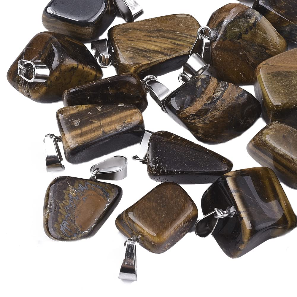 Givenny 24Pcs Natural Tiger Eye Pendants Nuggets Healing Gemstone Charms with Stainless Steel Snap On Bails for Jewellery Making, Hole: 3x7.5mm