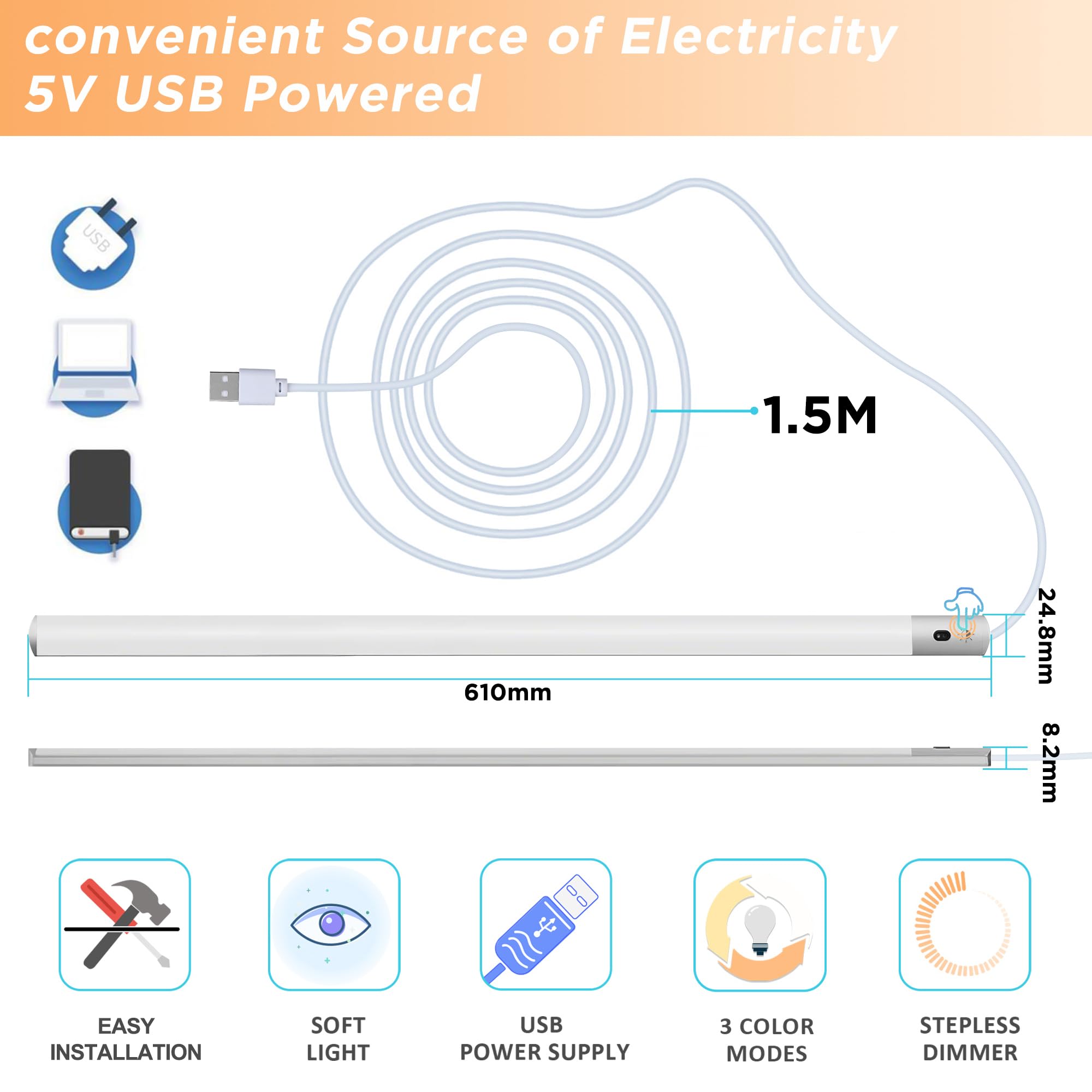 Réglette LED 60cm USB - Détecteur Mouvement + Tactile - 3 Températures (2700K/4000K/6500K) - Pour Cuisine & Placard