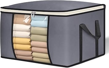 SLEEPING LAMB 65L Clothes Storage Bag, Breathable Blanket Storage Container and Foldable Comforter Organizer for Closet with Reinforced Handles for Sheets, Pillow, Toys, Grey