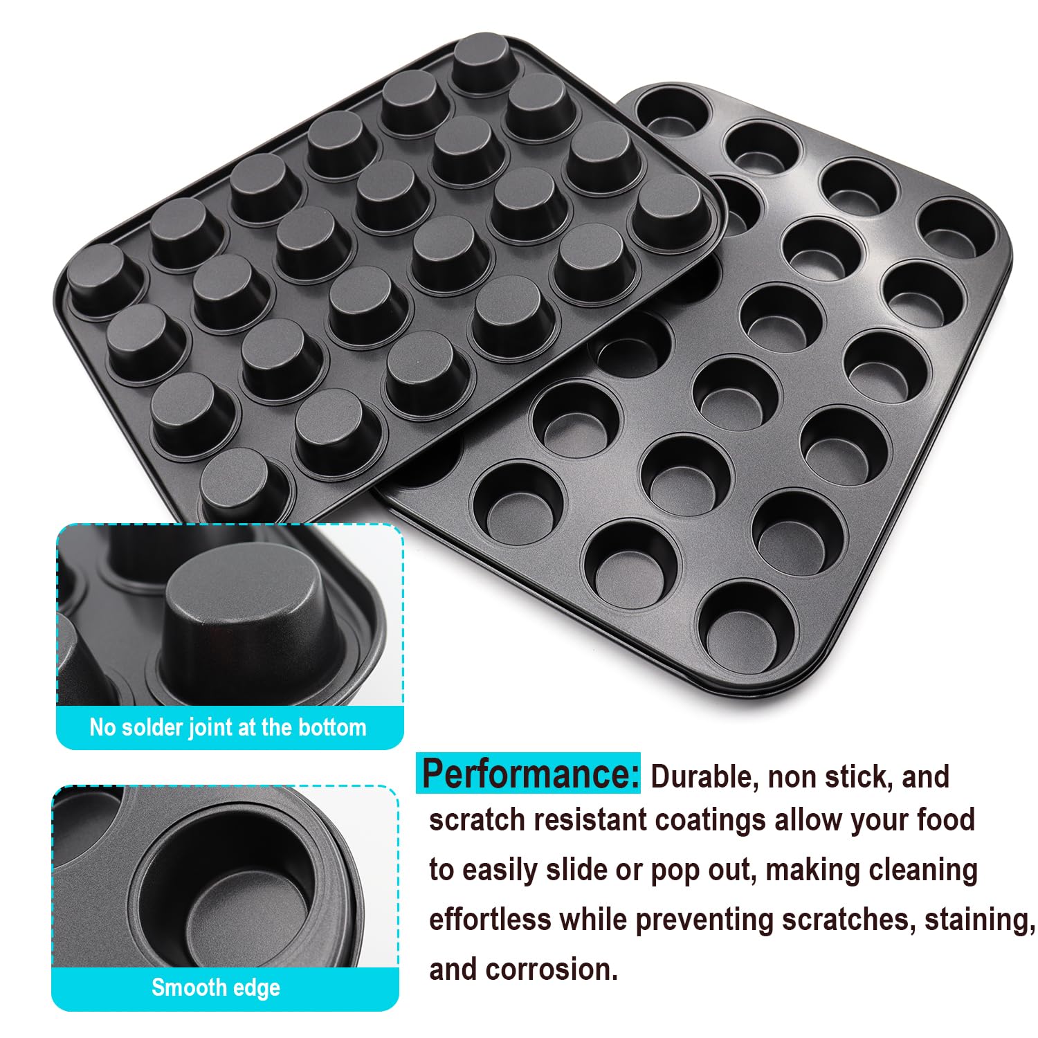 Lot de 2 moules à muffins ronds antiadhésifs pour la pâtisserie, Patisserie Accessoire, noir, acier (24 tasses, noir)