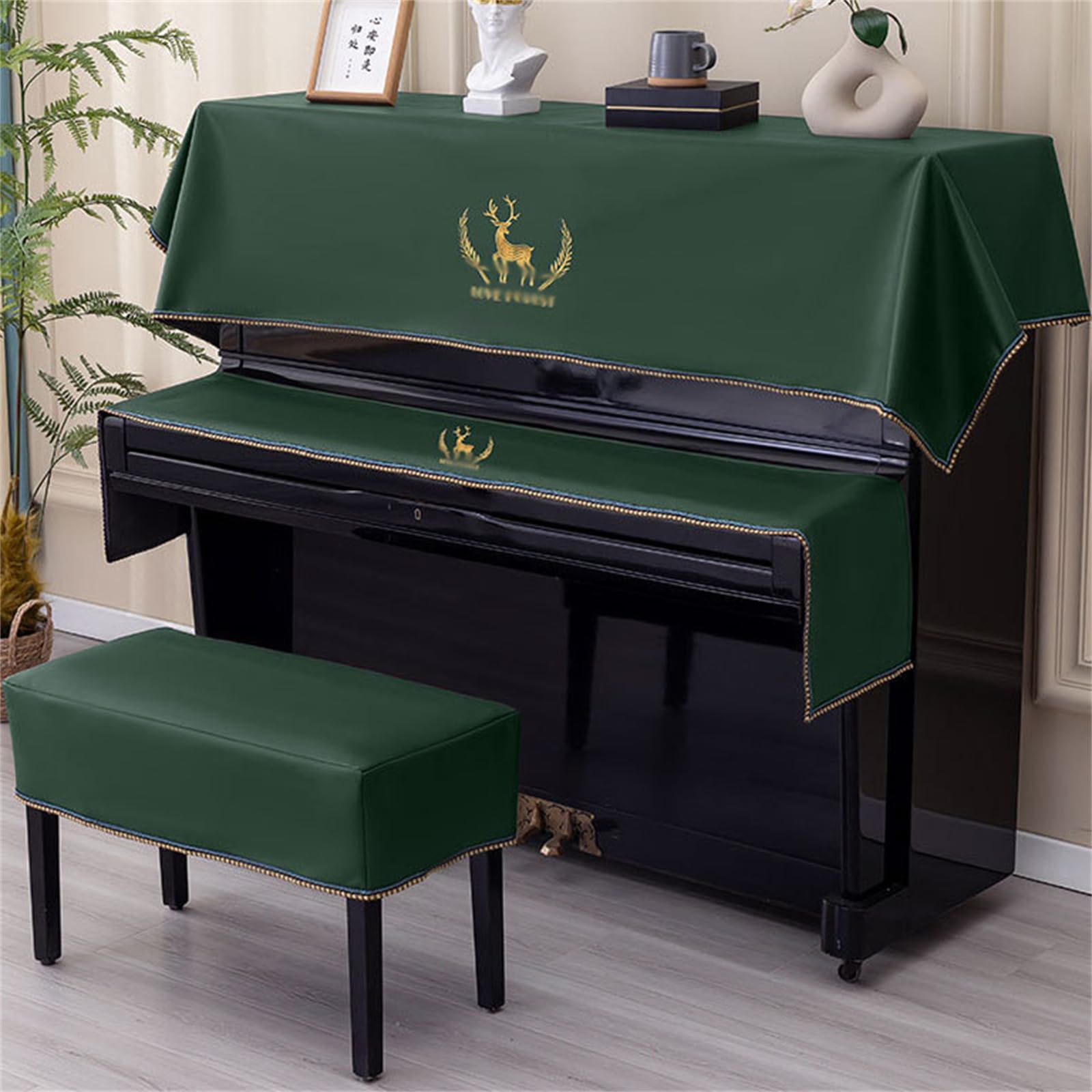 Copertura antipolvere in tessuto per tastiera del pianoforte, copertura protettiva universale per pianoforte verticale con ricamo di cervi, copertura protettiva universale per pianoforte verticale con