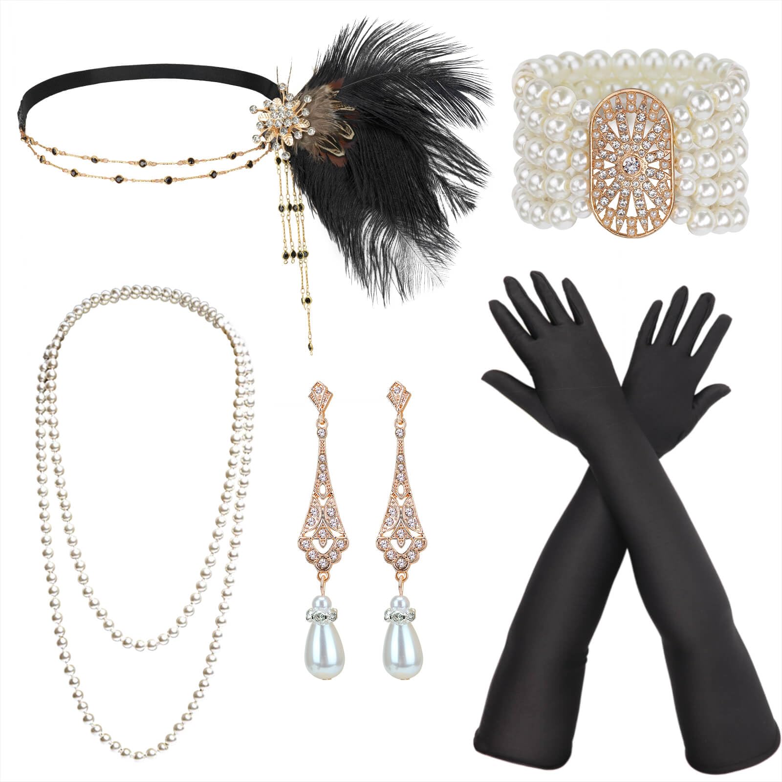 DRESHOW 1920s Accessories Headband Necklace Gloves Flapper Costume Accessories Set for Women — image 1